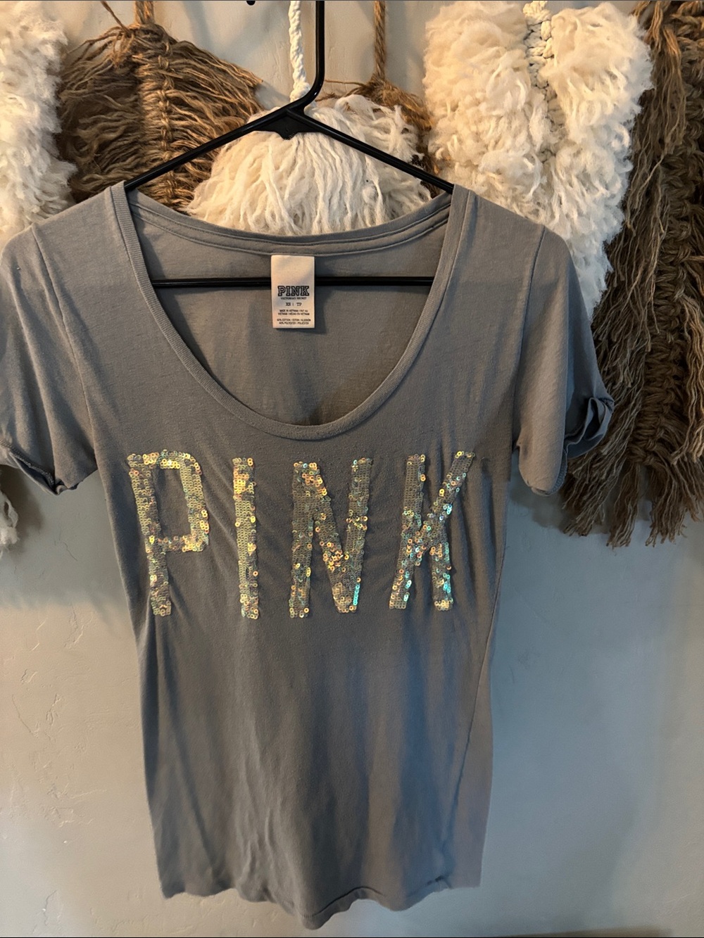 PINK Victoria's Secret Gray Short Sleeve Tee with Iridescent Sequin Logo